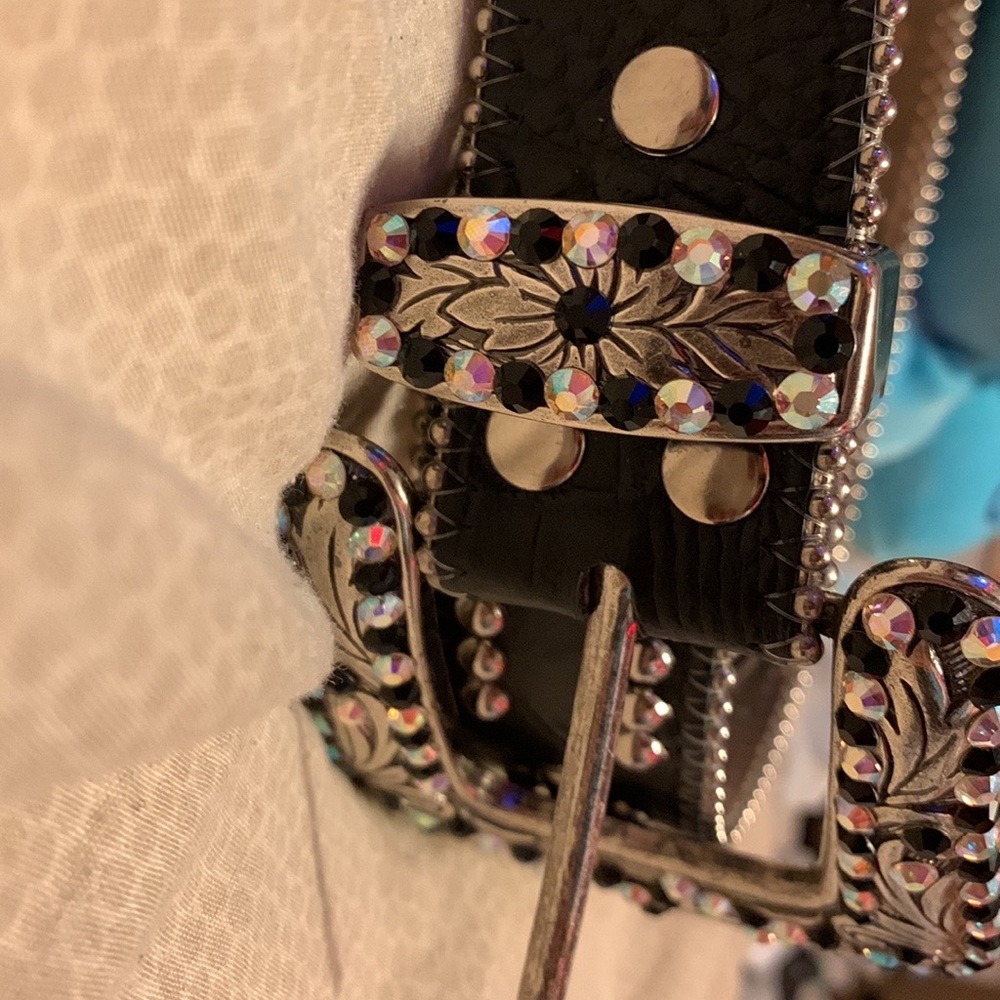SOLD. B.B belt (B.B Simon) belt black with swarovski crystal all around